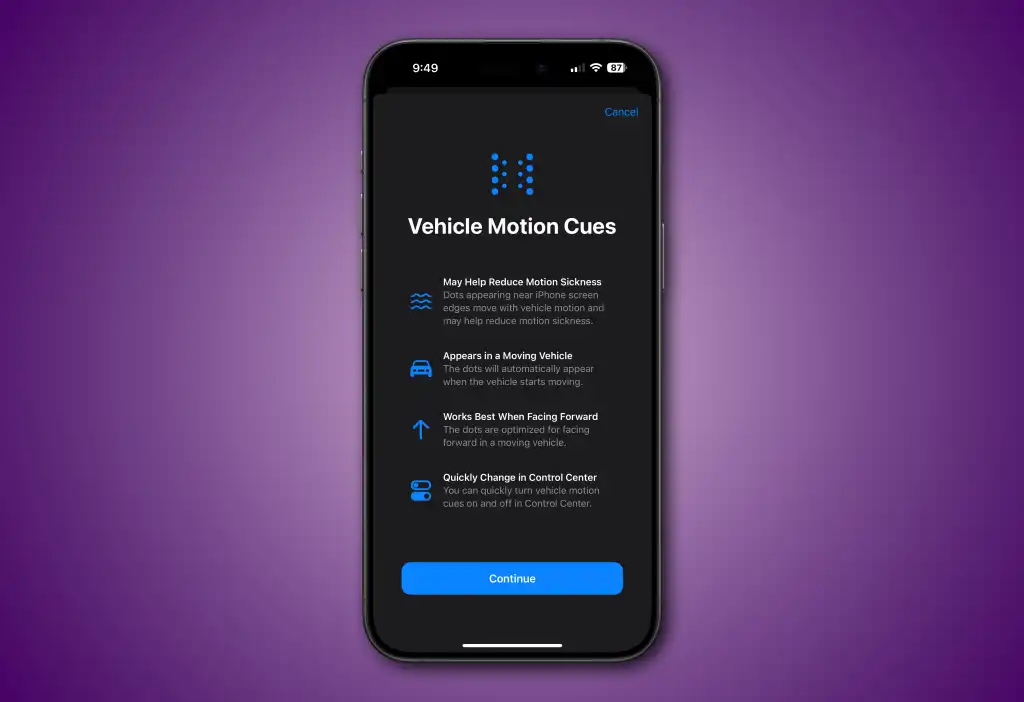 New feature in iOS 18 to alleviate motion sickness: Vehicle Motion Cues